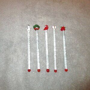 Vtg Hand Blown Glass Christmas Swizzle Sticks Set Of 5 Drink Cocktail Stirrer